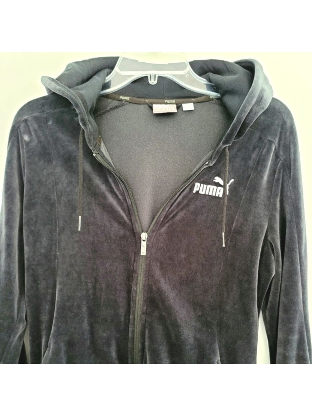 Puma Black Velour Full Zip Embroidered Logo Hoodie Jacket Size L